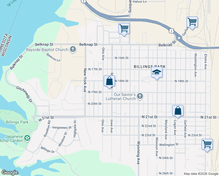 map of restaurants, bars, coffee shops, grocery stores, and more near 1827 Iowa Avenue in Superior