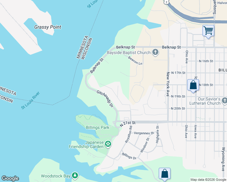 map of restaurants, bars, coffee shops, grocery stores, and more near 13 Bridgeview Drive in Superior