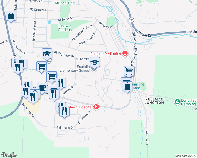 map of restaurants, bars, coffee shops, grocery stores, and more near 885 Southeast Klemgard Street in Pullman