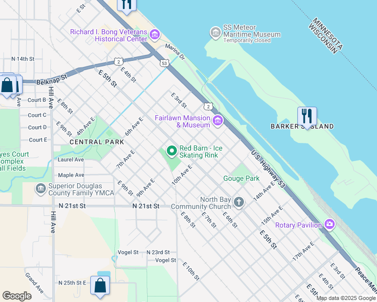 map of restaurants, bars, coffee shops, grocery stores, and more near 908 East 5th Street in Superior