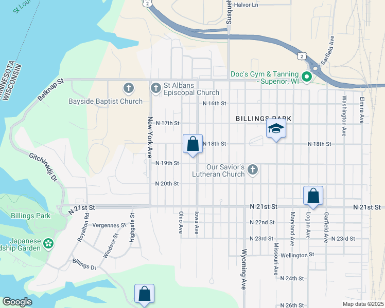 map of restaurants, bars, coffee shops, grocery stores, and more near 1827 Iowa Avenue in Superior