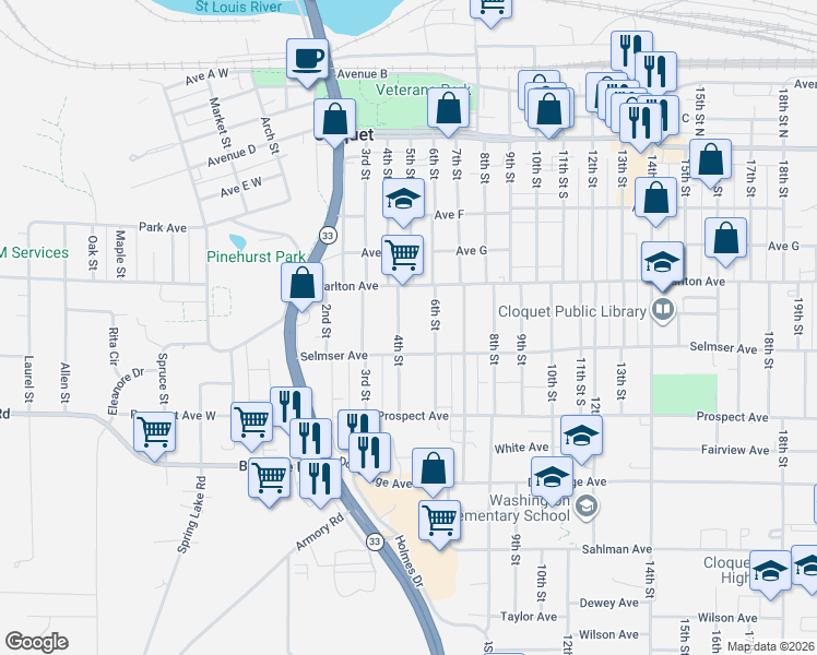 map of restaurants, bars, coffee shops, grocery stores, and more near 334 4th Street in Cloquet