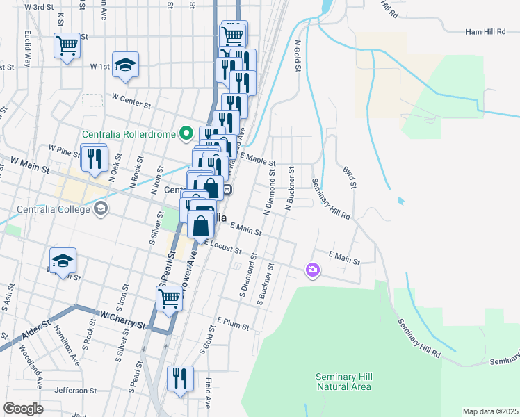 map of restaurants, bars, coffee shops, grocery stores, and more near 311 East Pine Street in Centralia