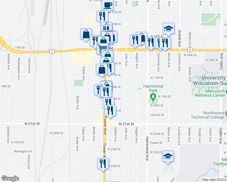 map of restaurants, bars, coffee shops, grocery stores, and more near 1809 Ogden Avenue in Superior