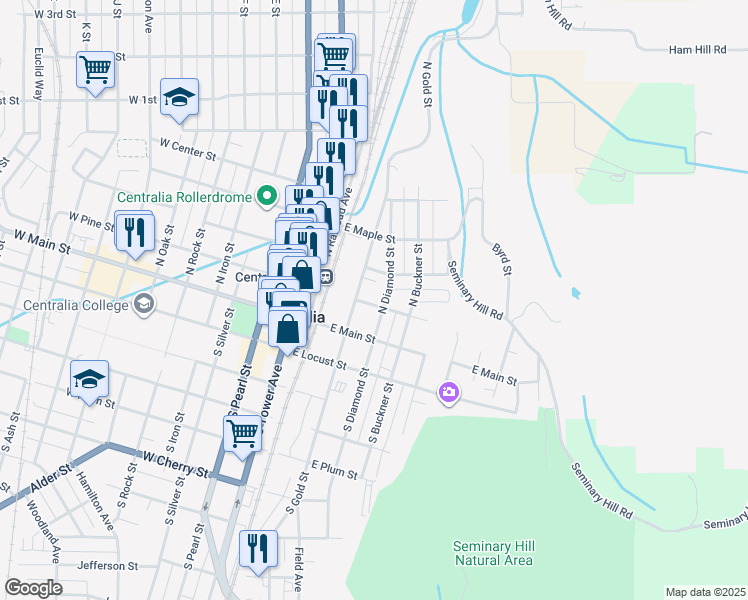 map of restaurants, bars, coffee shops, grocery stores, and more near 309 East Pine Street in Centralia