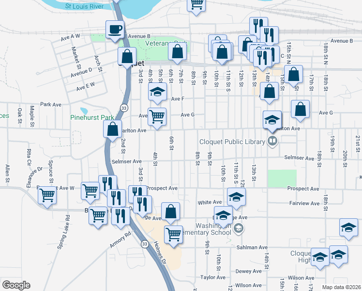 map of restaurants, bars, coffee shops, grocery stores, and more near 608 Carlton Avenue in Cloquet