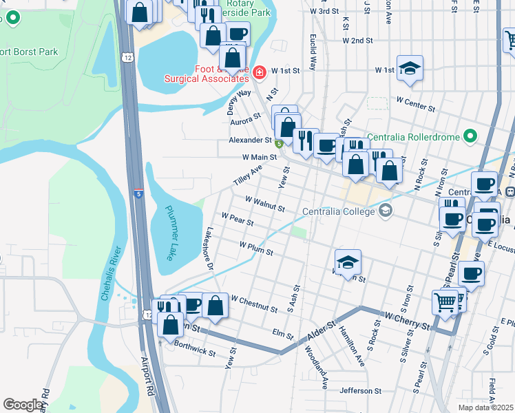 map of restaurants, bars, coffee shops, grocery stores, and more near 1124 West Walnut Street in Centralia