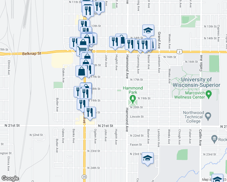 map of restaurants, bars, coffee shops, grocery stores, and more near 1717 Hughitt Avenue in Superior