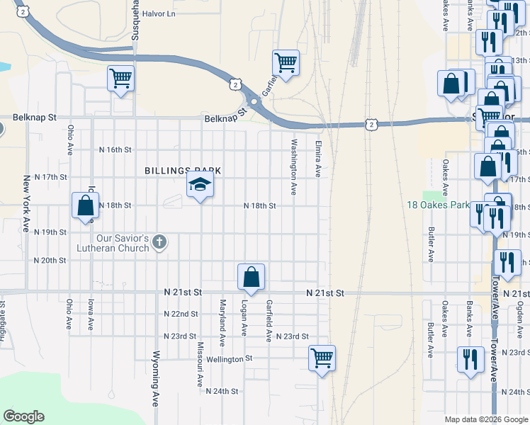 map of restaurants, bars, coffee shops, grocery stores, and more near 1717 Garfield Avenue in Superior