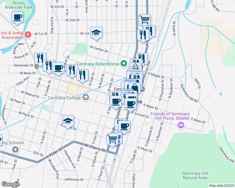 map of restaurants, bars, coffee shops, grocery stores, and more near 302 West Pine Street in Centralia