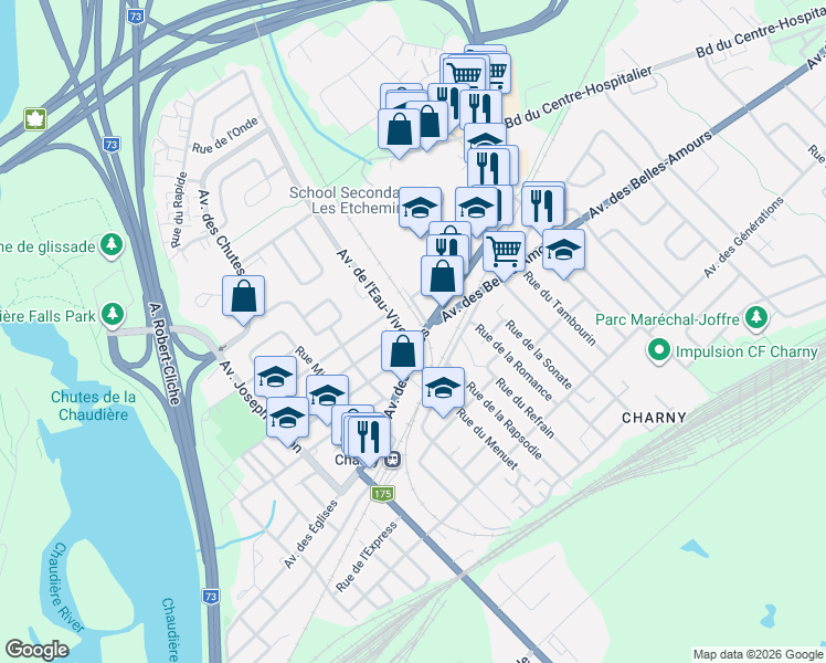 map of restaurants, bars, coffee shops, grocery stores, and more near 3572 Avenue des Églises in Lévis