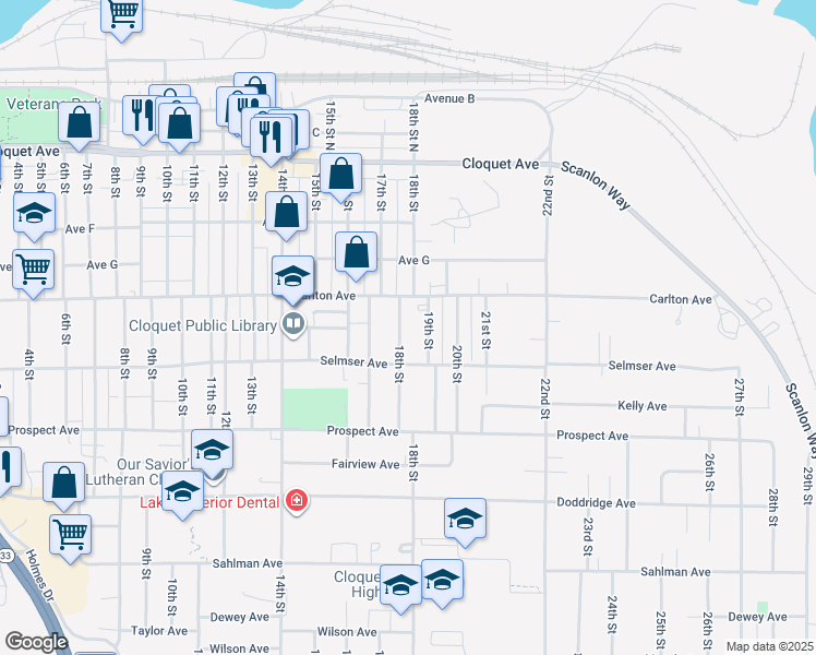 map of restaurants, bars, coffee shops, grocery stores, and more near 307 19th Street in Cloquet