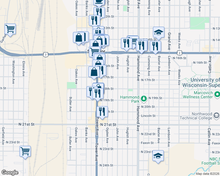 map of restaurants, bars, coffee shops, grocery stores, and more near in Superior