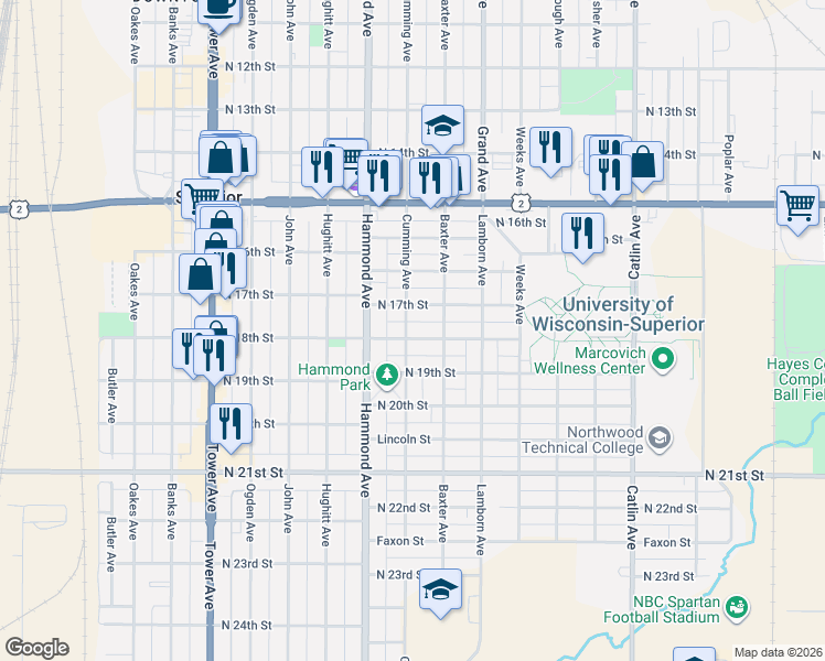 map of restaurants, bars, coffee shops, grocery stores, and more near 1709 Baxter Avenue in Superior