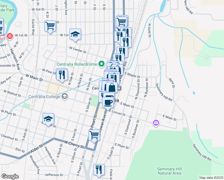 map of restaurants, bars, coffee shops, grocery stores, and more near 208 North Tower Avenue in Centralia