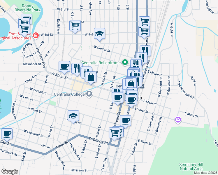 map of restaurants, bars, coffee shops, grocery stores, and more near 111 North Iron Street in Centralia