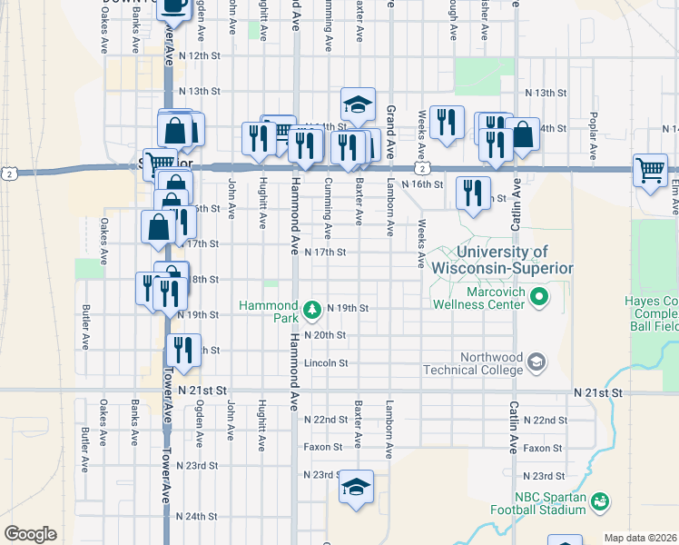 map of restaurants, bars, coffee shops, grocery stores, and more near 1215 North 18th Street in Superior