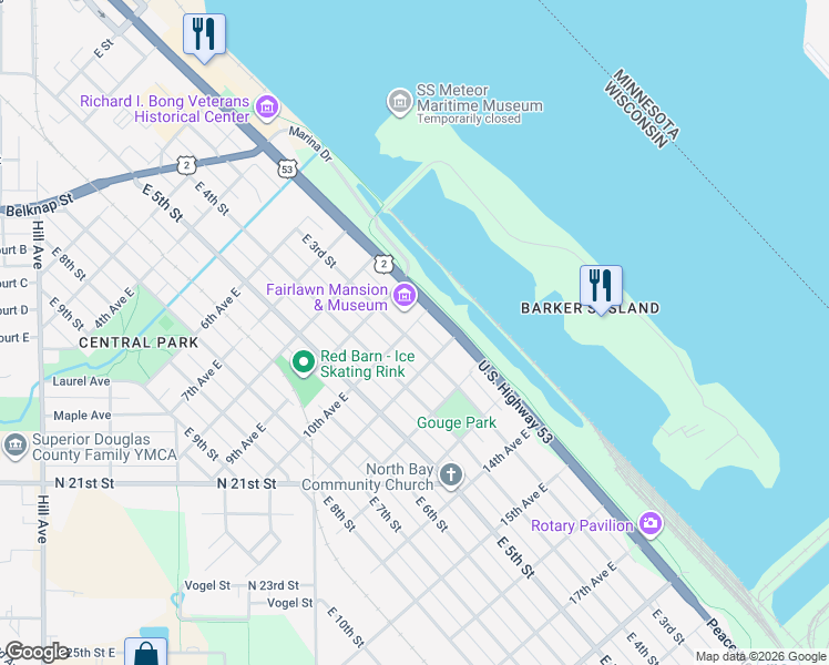 map of restaurants, bars, coffee shops, grocery stores, and more near 1001 East 3rd Street in Superior