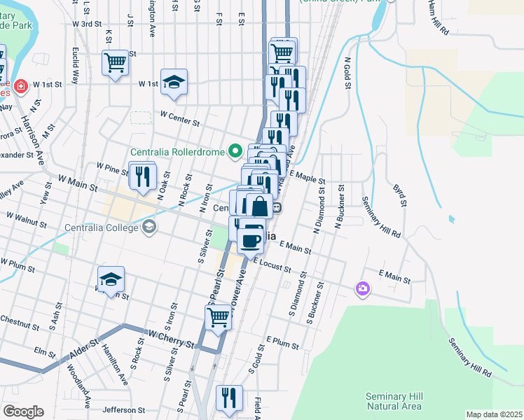map of restaurants, bars, coffee shops, grocery stores, and more near 208 North Tower Avenue in Centralia