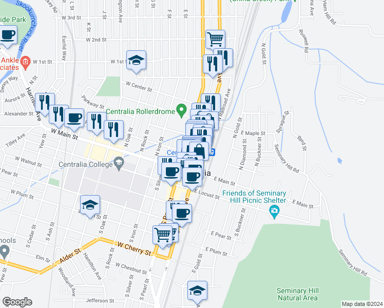 map of restaurants, bars, coffee shops, grocery stores, and more near 117 West Pine Street in Centralia