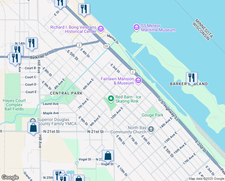 map of restaurants, bars, coffee shops, grocery stores, and more near 713 East 5th Street in Superior