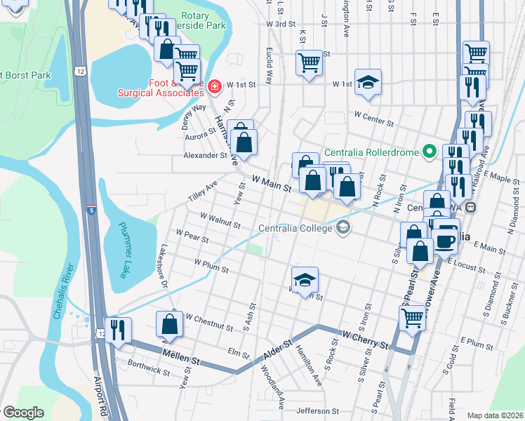 map of restaurants, bars, coffee shops, grocery stores, and more near 920 Centralia College Boulevard in Centralia