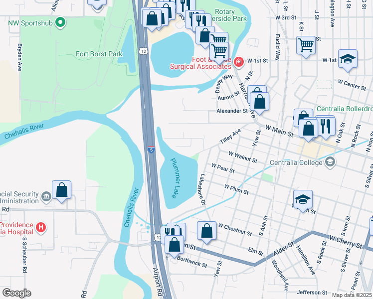 map of restaurants, bars, coffee shops, grocery stores, and more near 207 Willow Lane in Centralia
