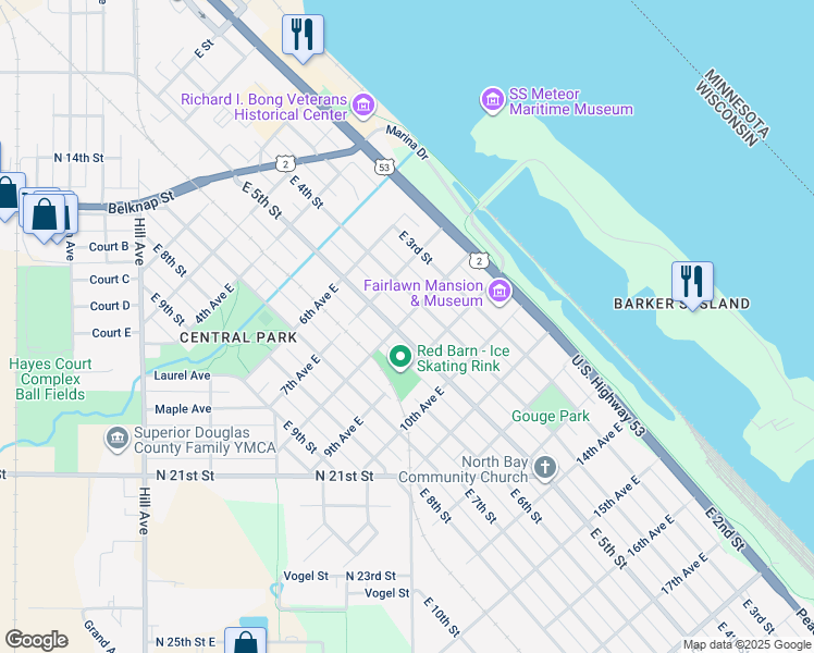 map of restaurants, bars, coffee shops, grocery stores, and more near 713 East 5th Street in Superior