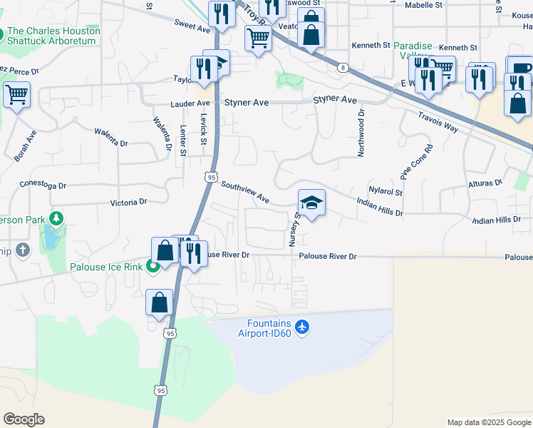 map of restaurants, bars, coffee shops, grocery stores, and more near 209 Southview Avenue in Moscow