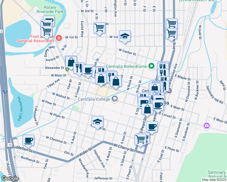 map of restaurants, bars, coffee shops, grocery stores, and more near 612 West Main Street in Centralia
