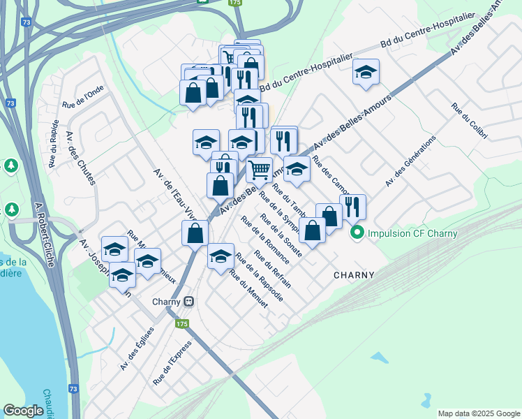 map of restaurants, bars, coffee shops, grocery stores, and more near 5497 Rue de la Sonate in Lévis