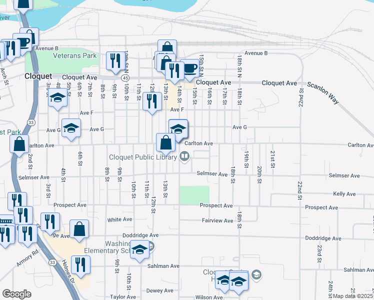 map of restaurants, bars, coffee shops, grocery stores, and more near 302 14th Street in Cloquet