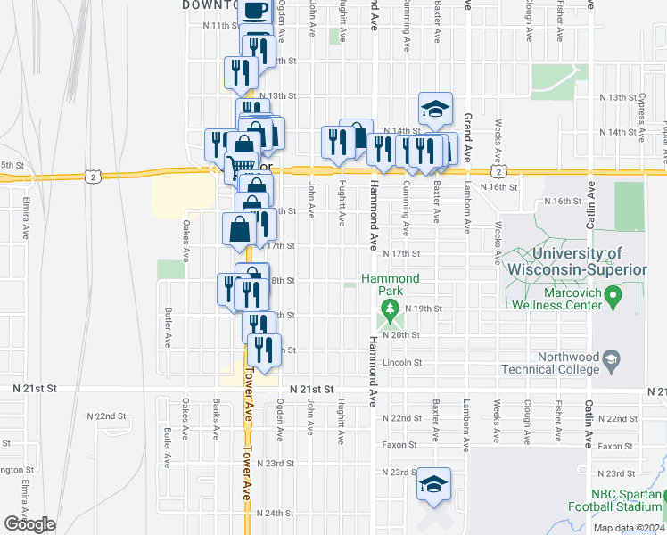 map of restaurants, bars, coffee shops, grocery stores, and more near 1717 Hughitt Avenue in Superior