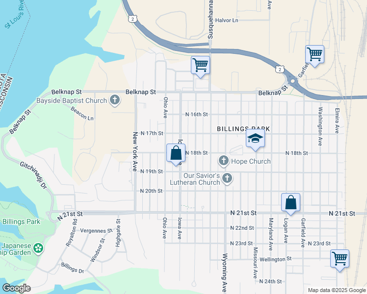 map of restaurants, bars, coffee shops, grocery stores, and more near 1722 Iowa Avenue in Superior