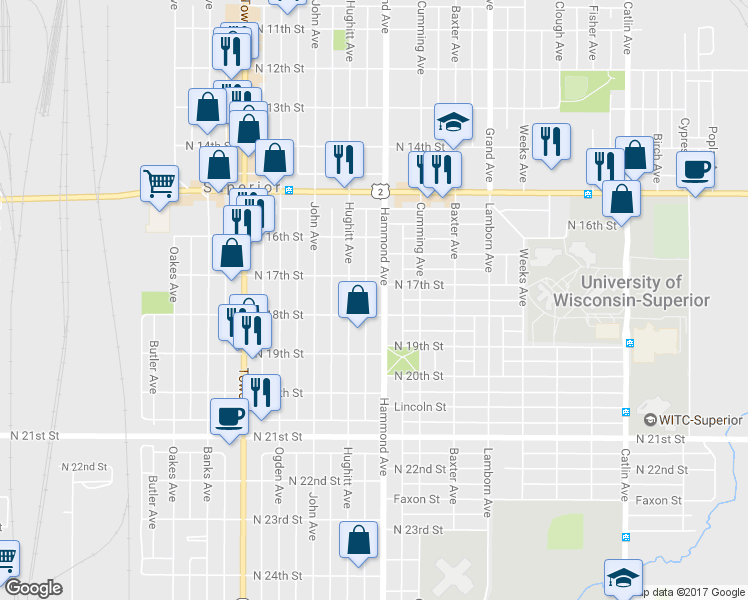 map of restaurants, bars, coffee shops, grocery stores, and more near 1719 Hammond Avenue in Superior