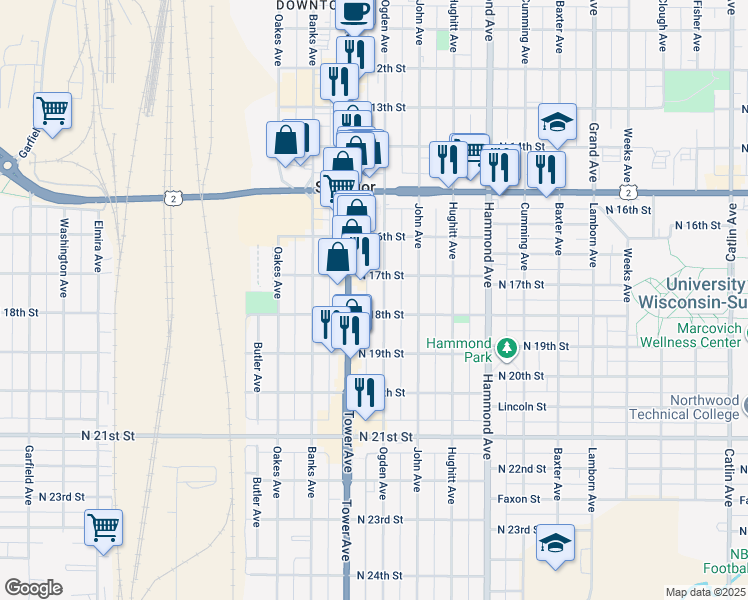 map of restaurants, bars, coffee shops, grocery stores, and more near 1717 Ogden Avenue in Superior