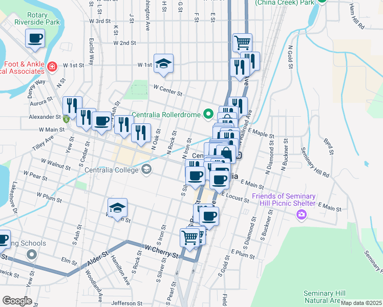 map of restaurants, bars, coffee shops, grocery stores, and more near 302 West Pine Street in Centralia