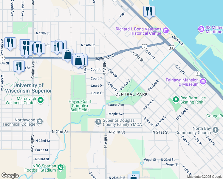 map of restaurants, bars, coffee shops, grocery stores, and more near 306 East 9th Street in Superior