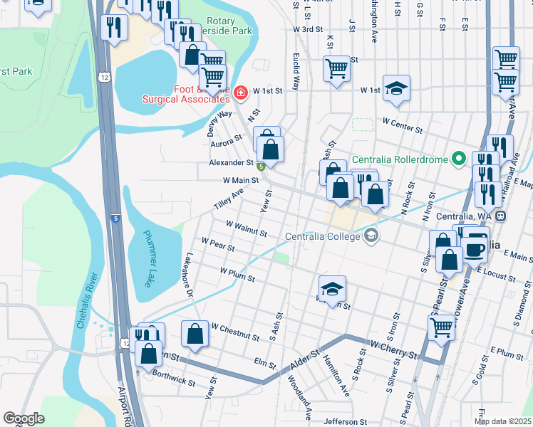 map of restaurants, bars, coffee shops, grocery stores, and more near 206 Yew Street in Centralia