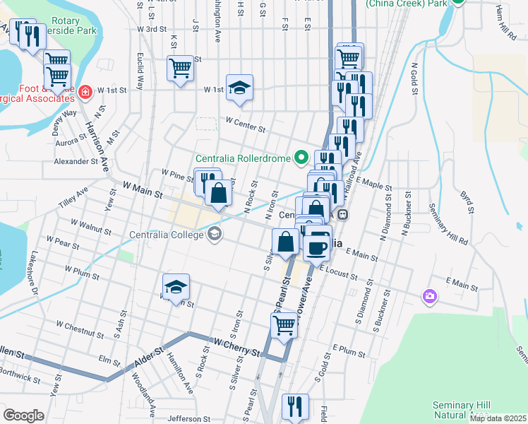 map of restaurants, bars, coffee shops, grocery stores, and more near 111 North Iron Street in Centralia