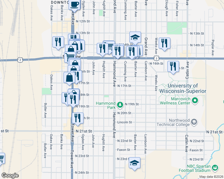 map of restaurants, bars, coffee shops, grocery stores, and more near 1717 Hammond Avenue in Superior