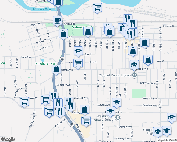map of restaurants, bars, coffee shops, grocery stores, and more near 608 Carlton Avenue in Cloquet