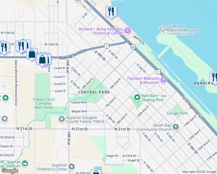 map of restaurants, bars, coffee shops, grocery stores, and more near 509 East 7th Street in Superior