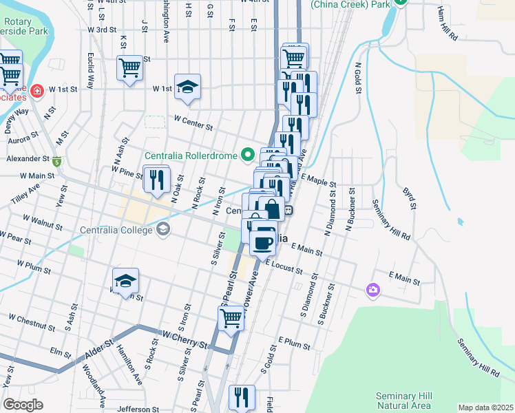 map of restaurants, bars, coffee shops, grocery stores, and more near 117 West Pine Street in Centralia