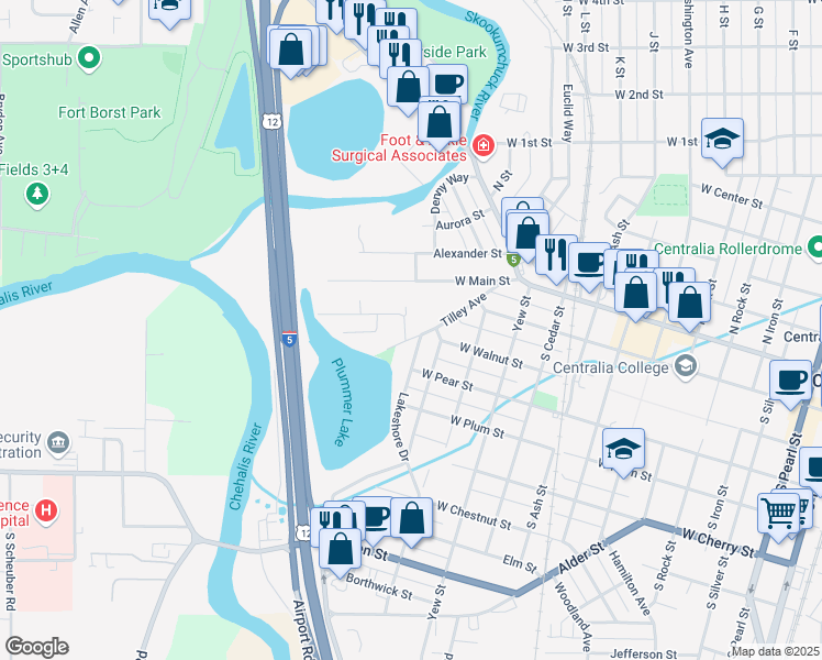map of restaurants, bars, coffee shops, grocery stores, and more near 219 Tilley Avenue in Centralia