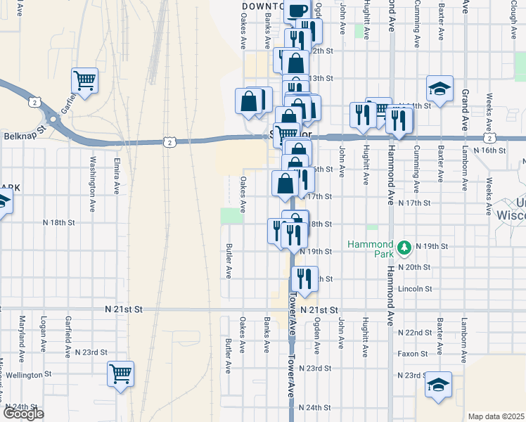 map of restaurants, bars, coffee shops, grocery stores, and more near 1715 Banks Avenue in Superior