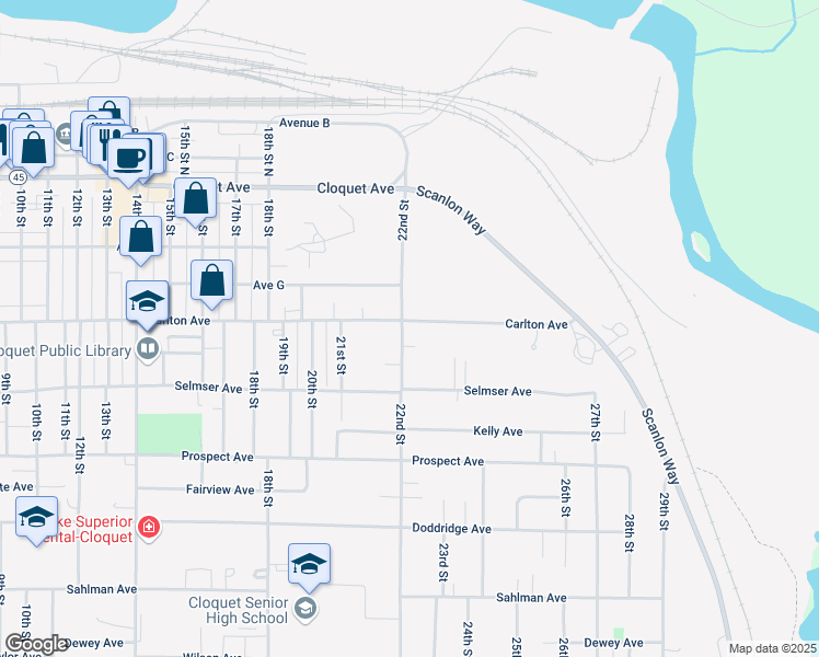 map of restaurants, bars, coffee shops, grocery stores, and more near 303 22nd Street in Cloquet