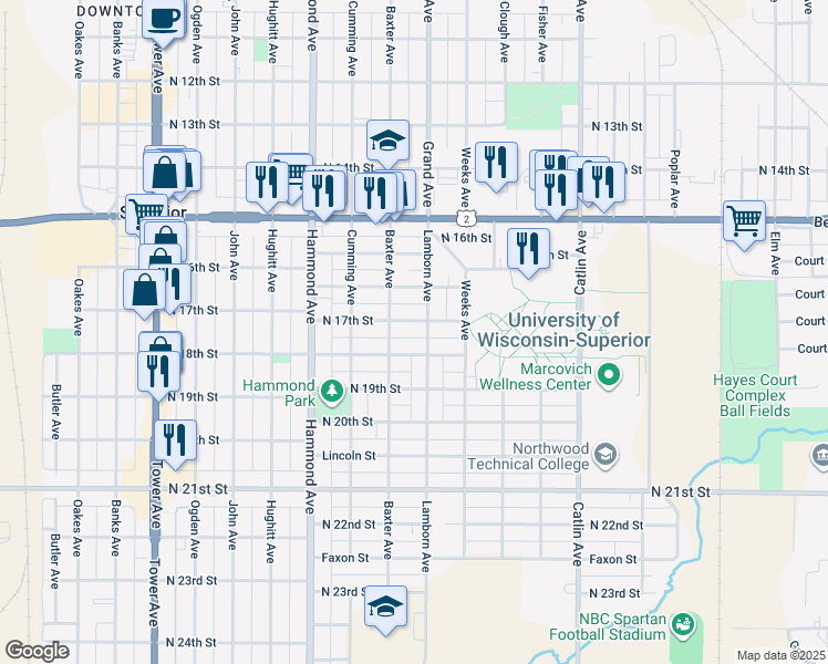 map of restaurants, bars, coffee shops, grocery stores, and more near 1108 North 17th Street in Superior
