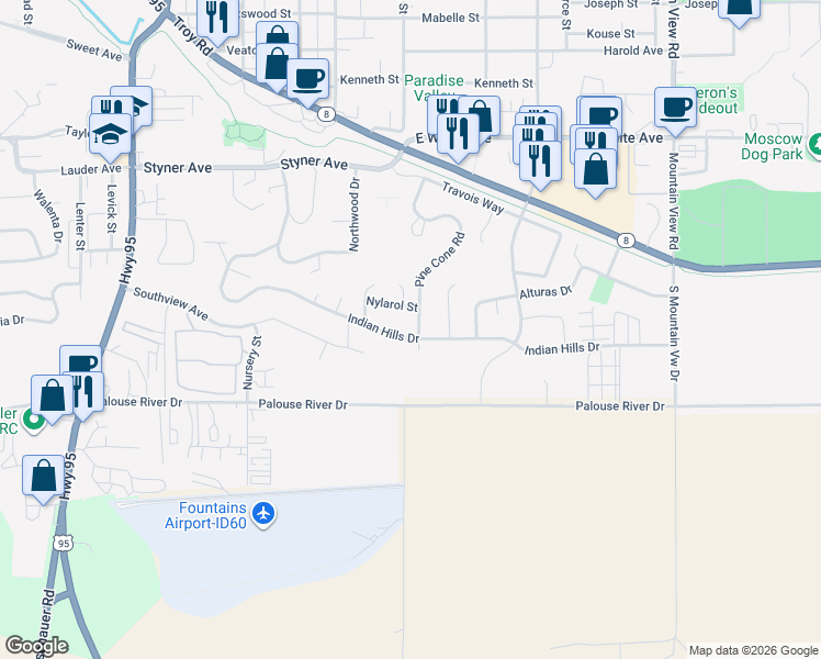map of restaurants, bars, coffee shops, grocery stores, and more near 838 Indian Hills Drive in Moscow