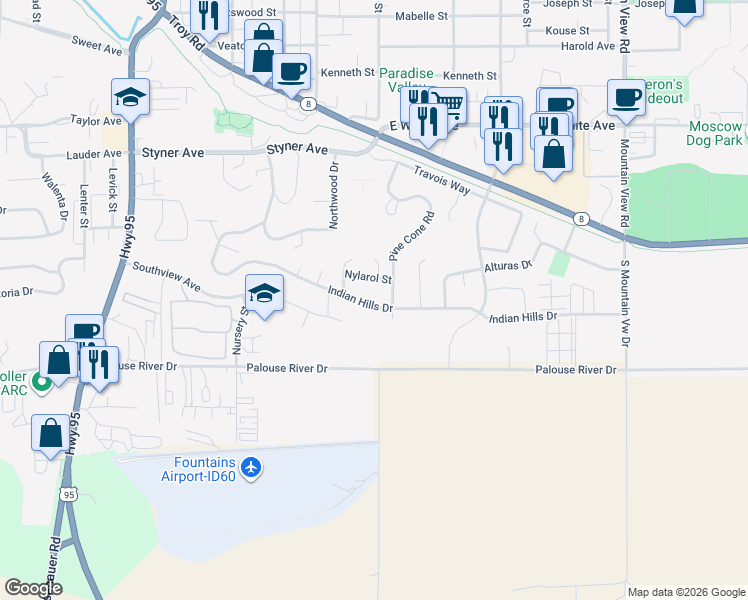 map of restaurants, bars, coffee shops, grocery stores, and more near 838 Indian Hills Drive in Moscow